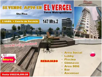 Vendo apto en torre moderna  del  vergel  147 mts.2 2 habs 5to piso me