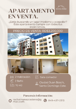 Apartamento de 2 habitaciones en venta en la ciudad juan bosch.