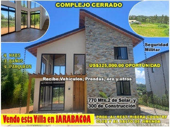 Vendo hermosa villa 2 niveles en sabaneta  jarabacoa 770 mts.2 proximo