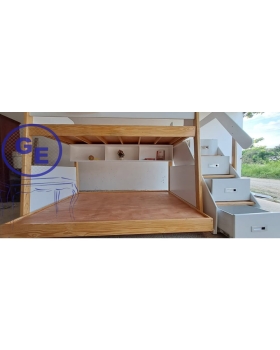 Camarote en madera para niños de dos camas y espacio para juguetes