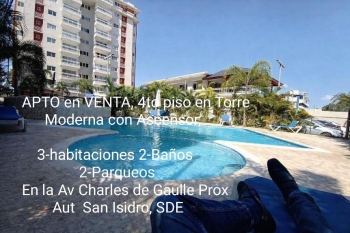 Apto en venta 4to piso en torre moderna con ascensor 3-hab 2-b 2-parq