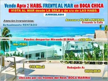 Vendo exclusivo apto con vista al mar de 360 grados en boca chica 2 ha