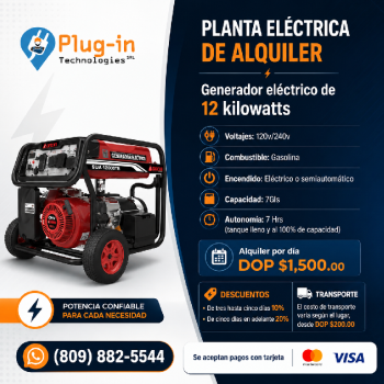 Alquiler de plantas eléctricas de 12kw por 1500.00/dia