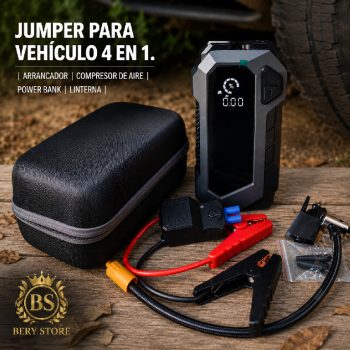 Jumper para vehículo 4 en 1 con compresor de aire linterna y power ban