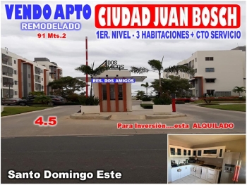 Vendo apto 1er. nivel en ciudad juan bosch res. dos amigos 3 habs. 91