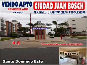 Vendo apto 1er. nivel en ciudad juan bosch res. dos amigos 3 habs. 91