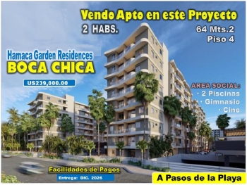 Vendo apto 2 habs. en proyecto hamaca garden residences boca chica pis