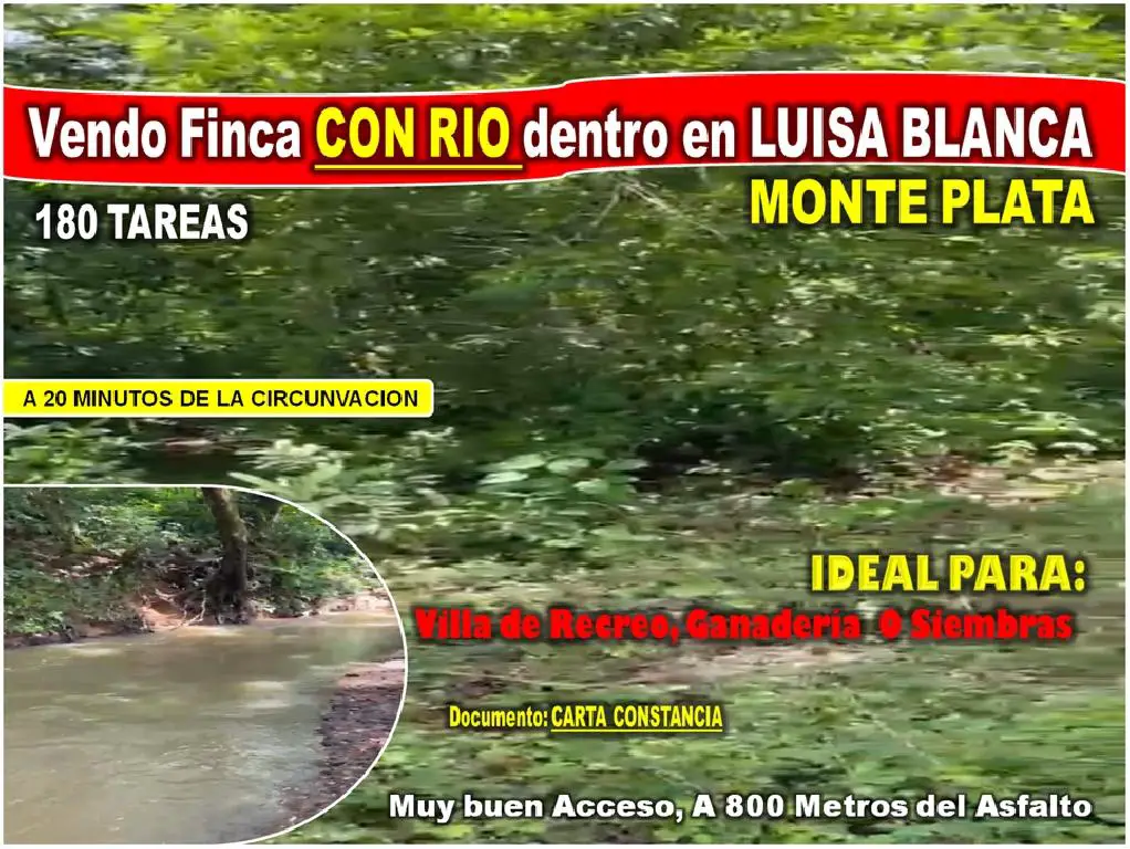 Vendo Finca 180 tareas CON RIO dentro en Luisa Blanca MONTE PLATA A 20 Foto 7277545-1.jpg