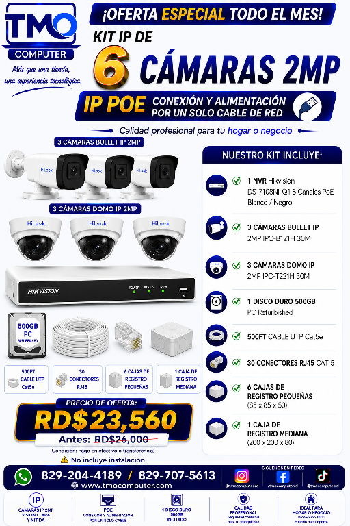 KIT DE 6 CAMARAS IP POE 2MP en Santo Domingo Este Foto 7312862-1.jpg